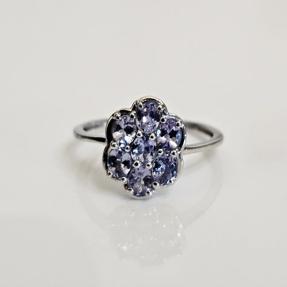 Dainty Natural Tanzanite Ring Sterling Silver Platinum Finish. Size 8!